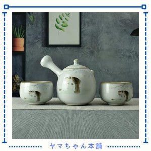 急須セット 急須260ml1個、湯呑2個 手描き猫シリーズ 陶製茶こし 茶器セット (夏の猫)