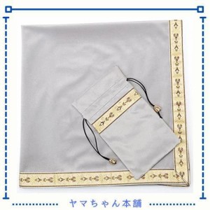 Kuai タロットクロス パステルカラー 68×68cm 2点セット ベルベット ポーチ付 タロット カード 占い 鑑定 厚手 (グレー+ゴールドリボン,