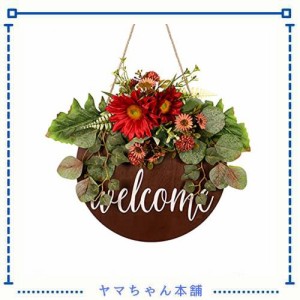 HooAMI リース 30cm 玄関リース Welcome ドアチャーム 木製 花輪 秋 ひまわり 造花 結婚式 ドアチャーム 店舗 玄関 壁掛け 庭園 飾り フ