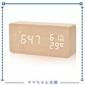 デジタル目覚まし時計 木製置き時計 LED時間表示3目覚まし時計設定 USB給電 き湿度と温度検出電子時計、寝室、ベッドサイドテーブル、机