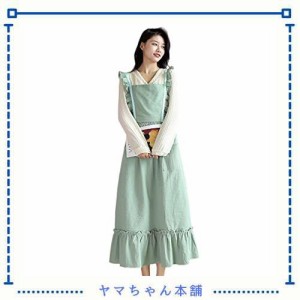 [Nanxson] エプロン ロング 綿麻 ドレス X型 フリル 姫様 メイド ポケット ピンク カフェー 可愛い CF3164 (グリーン)