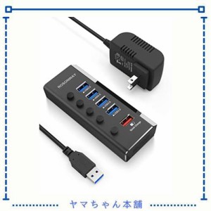 ROSONWAY 2022 USB ハブ 電源付きアルミ製 4ポートUSB3.0高速拡張+1つの急速充電ポートUSB Hub セルフパワー 12V/2A ACアダプタ 独立スイ