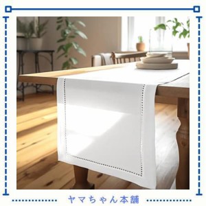 Encasa Homes 綿100%のヘムステッチテーブルランナー 4 シーター サイズのダイニング 40 x 150 cm - 白 | パーティー、自宅、カフェ、レ