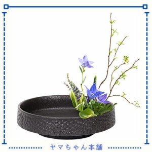 YUYAKESHI花器 華道 生け花用 水盤 花瓶 陶器 挿花 フラワーベース フラワーアレンジメント 和室 卓上 プレート 小原流 剣山付（ブラック