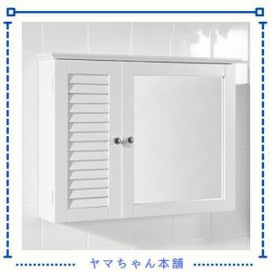 SoBuy ミラーキャビネット 浴室ミラー 洗面所用 おしゃれ 収納棚付き 木製 北欧風 幅65×奥行15×高さ49cm お風呂鏡 玄関鏡 壁掛け (BZR5