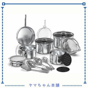 YSSOA 18点 ステンレススチール キッチン調理器具セット ソースパン キャセロール 強化ガラス蓋付き フライパン スチーマー サラダボウル