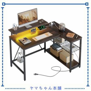 Bestier パソコンデスク L字型 幅107cm pcデスク コンセント付き ゲーミングデスク LEDライト付き コーナーデスク 棚板高さ調節可能 モニ