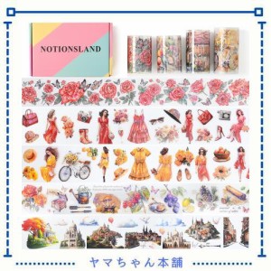 NOTIONSLAND マスキングテープ 可愛い 美し 花 女の子 城です 手帳 DIY 和紙 透明PET テープ 広幅 (4巻ギフトボックス)