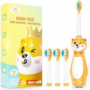 DADA-TECH 子供用充電式電動歯ブラシ、タイマー付きソニック音波歯ブラシ、３歳以上の男の子＆女の子用、３つのモードとメモリー、４個の