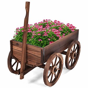 TANGKULA 馬車プランター 植木鉢 鉢 プランター 可移動 花台 鉢植え 木製 大型 馬車の形 ハンドル付き 高さ調節可能 幅120x奥行43x高さ53