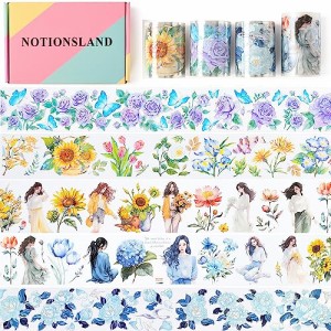 NOTIONSLAND マスキングテープ 可愛い 美し 花 女の子 手帳 DIY 和紙 透明PET テープ 広幅 (4巻ギフトボックス)