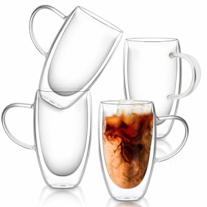 QuiExact タンブラー 450ml 4個セット グラスカップ コーヒーコップ ミルクコップ マグカップ 二重構造 保冷 保温 断熱 結露しないグラス