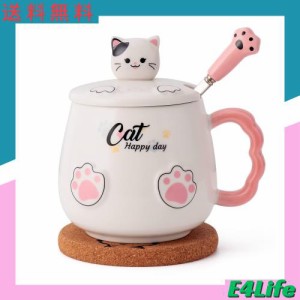 マグカップ蓋とスプーン付き 陶器 猫 コップ コーヒーカップ・マグ マグカップ かわいい猫マグカップ 誕生日プレゼント（ホワイト） (ホ