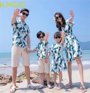 親子ペアルック 夏 アロハシャツ親子服ワンピース 家族お揃い服レディース メンズ 親子セット 半袖トップス 上下セット親子コーデ親子ペ