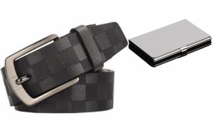 [mikan] ベルト メンズ 革 チェック 柄 調整可能 120cm 穴あけ金具 + カードケース 付き (ブラック)