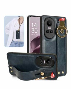 スマートフォン 用 ケース 手首とキッ クスタンド機能 肩掛け ストラップ付き 耐衝撃 レンズ保護 (OPPO Reno10 Pro 5G, ブルー)
