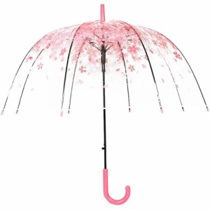 桜柄 透明傘 ドーム型 自動オープ ンジャンプ式 雨傘 長傘 バブルアンブレラ 8本骨 おしゃれ かわいい (ピンク)