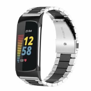 対応 Fitbit Charge5 専用バンド 金属ステンレス製 時計バンド ステンレス鋼 交換ベルト 通気性 (シルバー+ブラック)