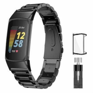 Comtax Compatible For Fitbit Charge5バンド+ 保護ケース Case，時計バンド 金属 ベルト 交換バンド ベルト 工具付属 長さ調整可能 ビジ