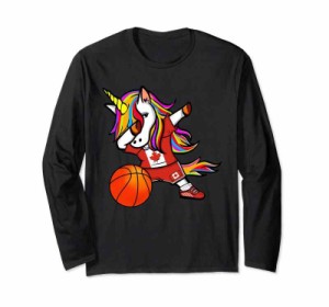 Dabbing Unicorn Basketball かわいいダビングユニコーン カナダ バスケットボール カナダ国旗 長袖Tシャツ