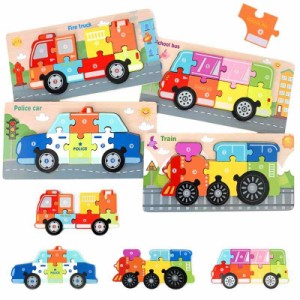 CORPER TOYS 木製パズル 型はめパズル 形合わせ はめ込み 平面タイプ パズル 消防車 パトカー 乗り物系 ジグソーパズル ４PCS 木製おもち