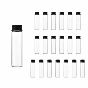 Charmoon 小瓶 透明 ガラス ミニボトル 蓋付き 密閉 小物 液体 保存 20個 セット (20ml, ブラック)