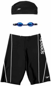 Speedo(スピード) フィットネス水着 メンズ キャップとゴーグル付きの3点セット 【 Amazon 】 SET21SAM (XO, ブラック/ホワイト)