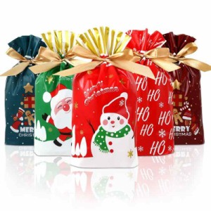 LEMESO クリスマス ラッピング 袋 小 50枚セット 巾着袋 ギフトラッピング プレセント袋 リボン付き チョコ キャンディー  包装 袋 グリ