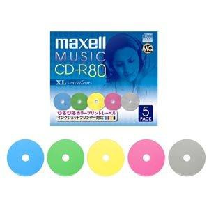 maxell 音楽用 CD-R 80分 カラーMIX インクジェットプリンタ対応(ワイド印刷) 5枚 5mmケース入 CDRA80WPM.1P5S