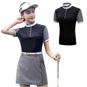 QIRUNレディース ゴルフウェア ポロシャツ スカート カジュアル 可愛い スポーツウェア おしゃれ ゴルフ ウェア (L, 上着ブラック)