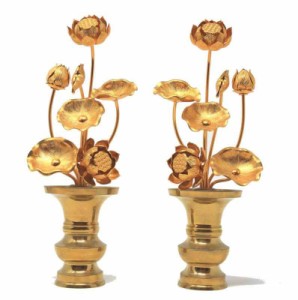 松山神仏具店 常花セット 花瓶付 5号 7本立 一対 ２個セット 仏花 花アルミ製 花瓶真鍮製 金色