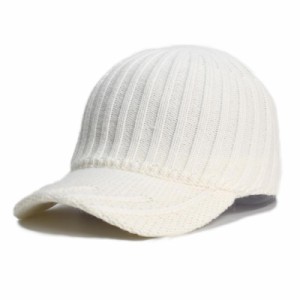 [X-cross] クロス ニットキャップ 唾付き フリーサイズ 深め 調整ベルト ニット帽 シンプル 無地 (55.0-60.0 cm, ホワイト)