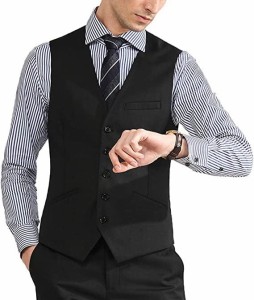 [VYOOU] メンズ スーツベスト ビジネス フォーマル 紳士 スリム チョッキ 大きいサイズ Vネック フィット 尾錠付き 2ポケット クラシック