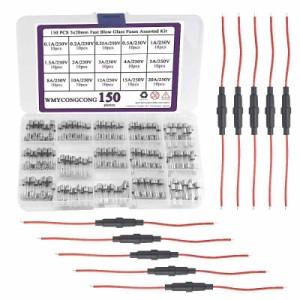 WMYCONGCONG 10個 5x20mmインラインヒューズホルダー + 150個 5x20mm ガラス管 ヒューズ クイックブローガラス管0.1A、0.2A、0.25A、0.5A