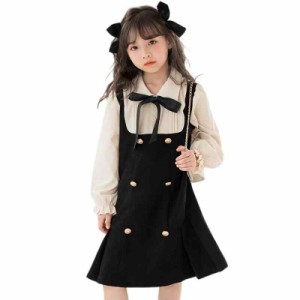 [YY-Natuhi] 子供服 女の子 ワンピース ドレス サロペット スカート 長袖 重ね着風 リボン キッズ ガールズ チュニック フォーマル 女児 