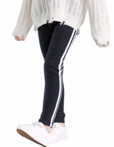 [ビートーク] ラインパンツ レギンス サイドライン キッズ ズボン 女の子 子供服 120〜160 (ブラック, 130)
