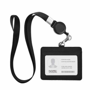 IDカードホルダー ネームホルダー 名札ホルダー PU 横型 社員証 カードケース カードケース メンズ 防水 伸縮リール式 ネックストラップ 