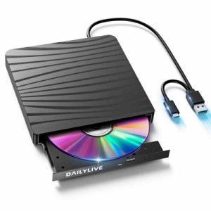 DAILYLIVE 読み出し&書き込み 外付けDVD/CDドライブ DVDレコ DVD-Rプレイヤー USB3.0&Type-C両用 内蔵ケーブル Window/Linux/Mac OS対応 