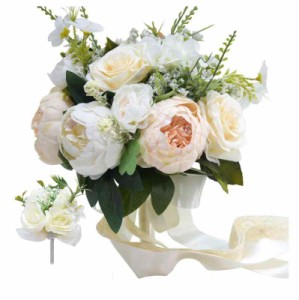 misaki ウエディングブーケ ブートニア 花嫁ブーケ 牡丹 バラ ガーデンローズ ブライダルブーケ ラウンドブーケ 花束 造花 欧米風 挙式 