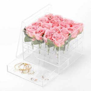Duvinin アクリル フラワーボックス 花瓶 花箱 16ホール リボン付き 20ｘ20ｘ16cm ギフト プレゼントボックス