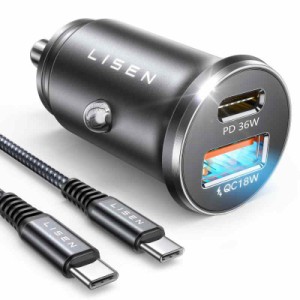 LISEN シガーソケット usb-c 急速充電 2ポート PD36W+QC3.0 60Wusb-c充電ケーブル付きPPS シガーソケット 全金属 軽量 カーチャージャー 