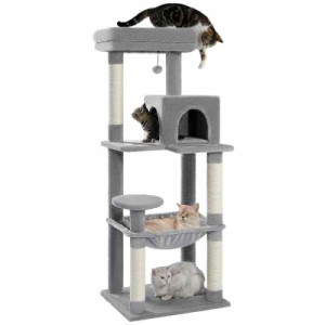 PETEPELA(ぺテぺラ) キャットタワー スリム コンパクト 猫タワー 据え置き 置き型 省スペース ハンモック 爪研ぎ 見晴台 人気 ボンボン 