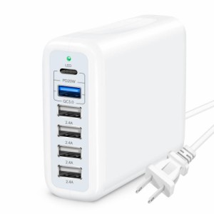 急速充電器 usb 6充電ポート usb充電器 pd 高速充電器 usb コンセント【PD20W対応USB C&QC3.0対応USB A&2.4AUSB*4&6台同時充電&1.2mAC電