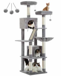 PAWZRoad キャットタワー 猫タワー スリム シニア 大型猫 据え置き 爪とぎポール 多頭飼い 天然麻紐 爪とぎ 運動不足解消 ポンポンおもち