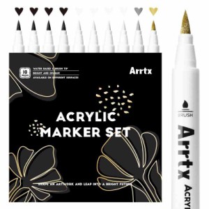 Arrtx アクリルペイントペン 10 パック (黒4 白4 金1 銀1)、水性ペン ペイントマーカー カラーペン ソフトブラシチップ 細筆 防水ペイン