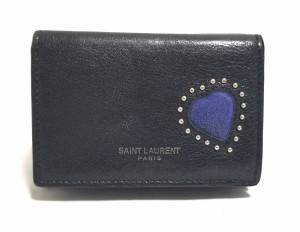 サンローランパリ 財布 レザー 3つ折り タイニーウォレット ハート スタッズ ブラック ブルー ミニ財布 SAINT LAURENT PARIS 【中古】