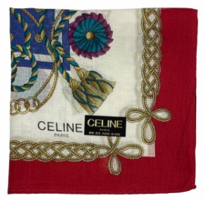 未使用 セリーヌ ハンカチ　レッド　ブルー ゴールド CELINE　スカーフ　コットン　100％　綿　レディース　【中古】