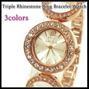 時計 腕時計 レディース Triple Rhinestone Ring Bracelet Watch トリプルラインストーンリングブレスレットウォッチ 全３色 送料無料
