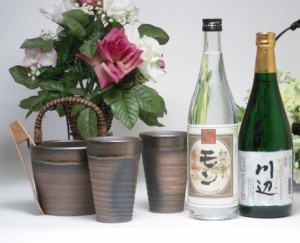 豪華酒器セット陶芸作家　安藤嘉規作（厳選米焼酎２本セット（モン・川辺）　720ｍｌ×２本 ）