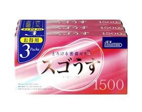 【定形外・送料350円】【お買い得】売れてマス★スゴうす 1500 お徳用 3個パック　薄型コンドーム ゴム スキン うすうす JEX